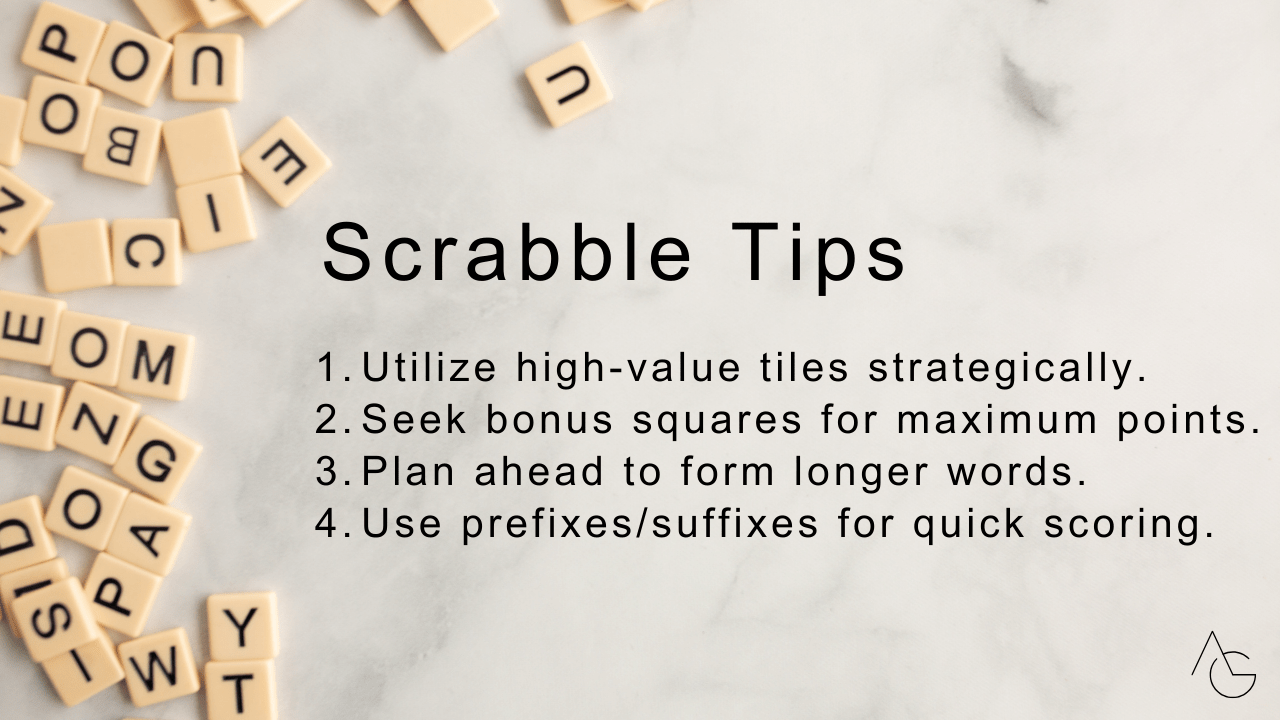 Four Scrabble tips: Utilize high-value tiles, seek bonus squares, plan ahead for longer words, use prefixes/suffixes for quick scoring.