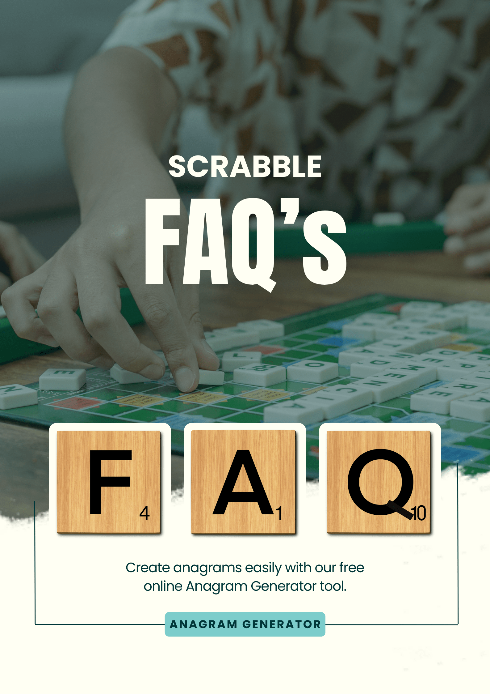 Person playing scrabble with letters spelling "faq's" highlighted; advertisement for an online anagram generator tool.