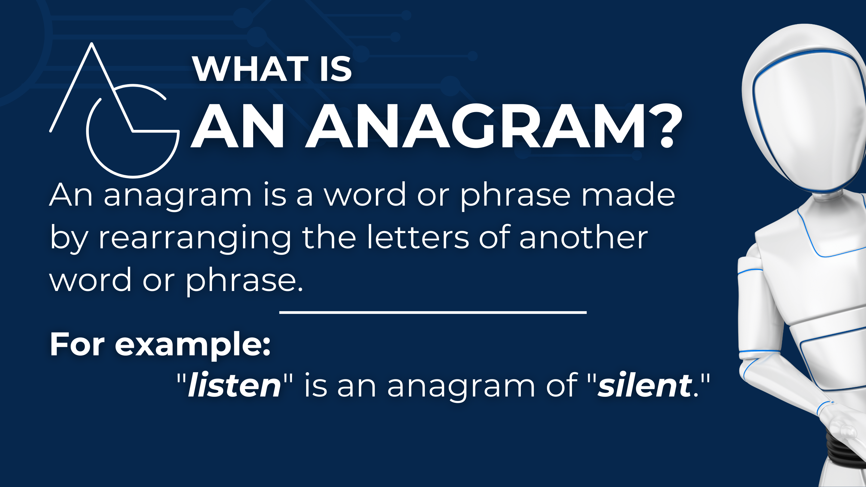 Graphic illustrating the concept of an anagram with text: 'An anagram is formed by rearranging letters to create a new word or phrase. For instance, 'listen' becomes 'silent' in an anagram.