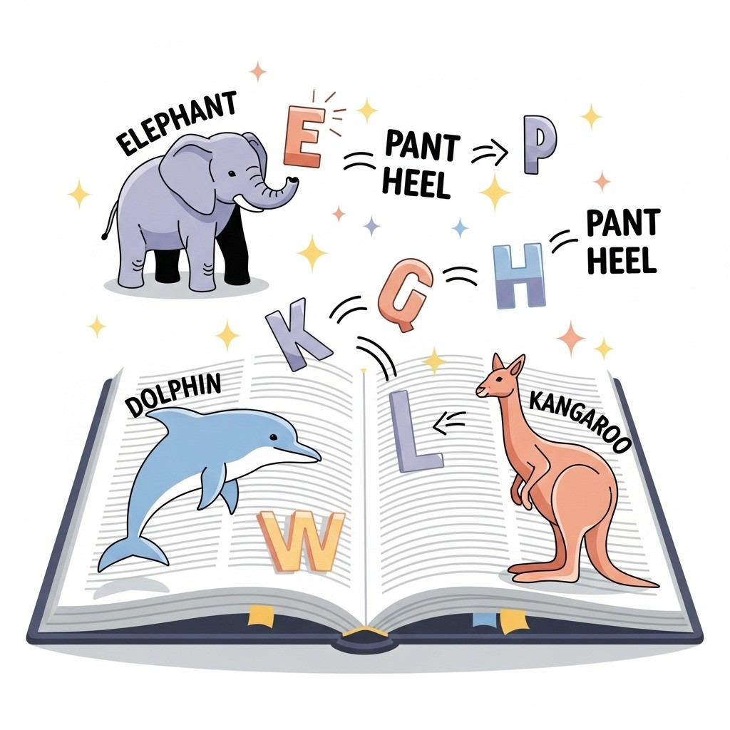 Playful illustration of animal anagrams with an elephant, dolphin, and kangaroo, showing letters rearranging into new words like “Pant Heel” and “Hold Pin”.