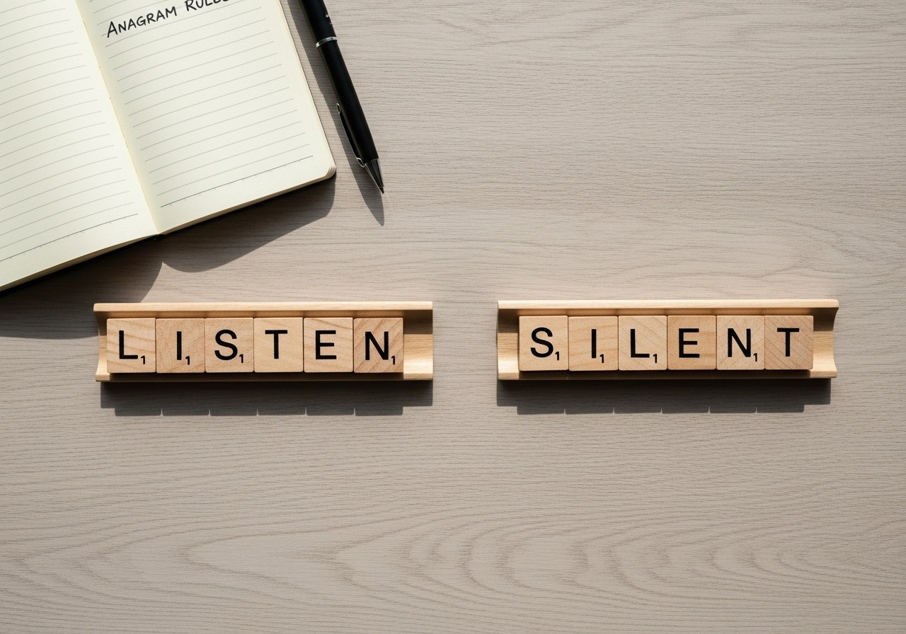 Flat lay image of Scrabble tiles spelling “listen” and “silent” side by side, showing anagram rules visually with a notepad labeled “Anagram Rules” in the background.