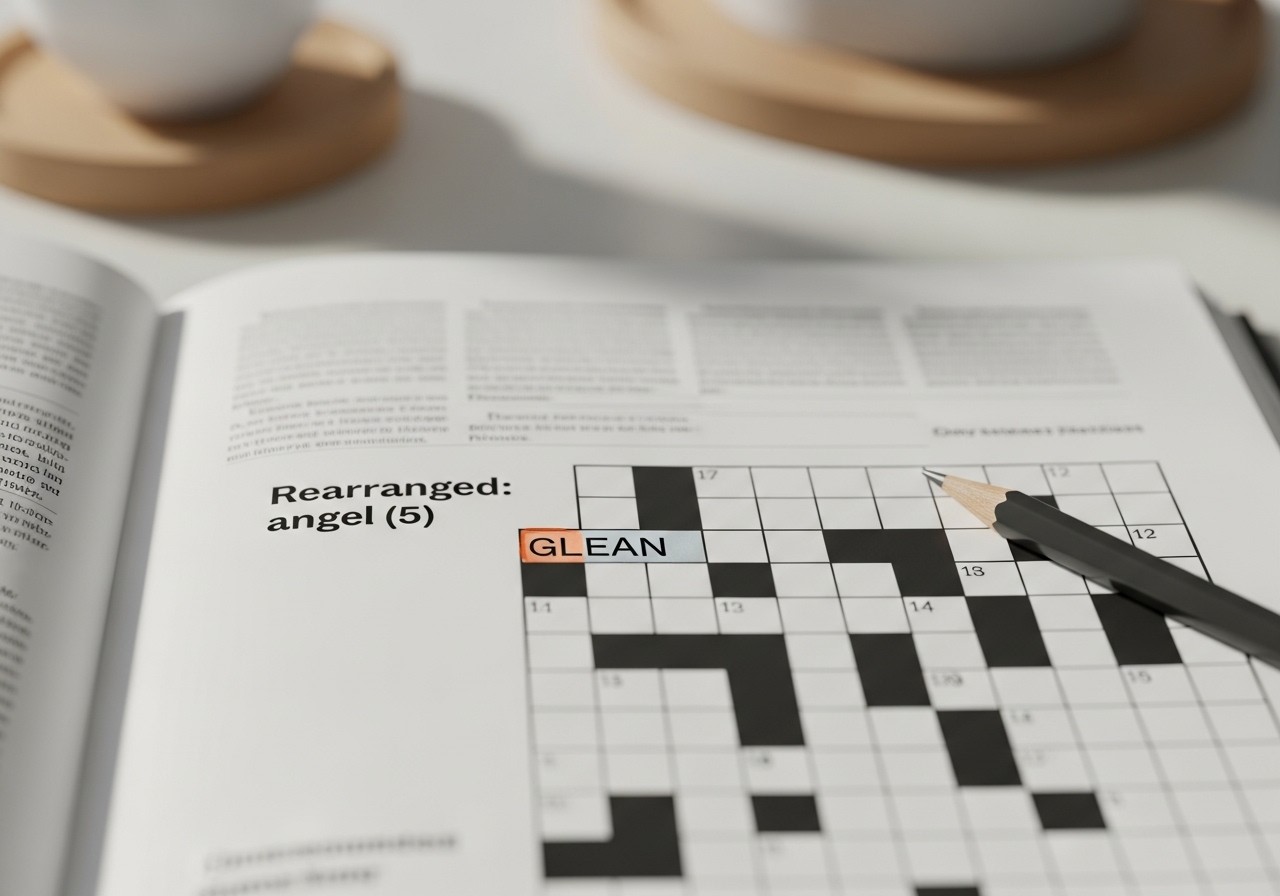 Crossword puzzle with the clue “Rearranged: angel (5)” and the answer “glean” filled in, showing how anagrams are used in crossword puzzles.
